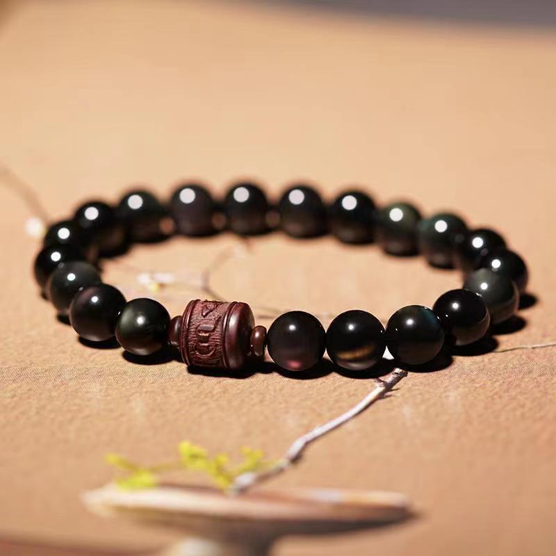 KarmaRipple's Authentic Gold Sheen Obsidian Rainbow Obsidian Om Mani Padme Hum Fu Character Balancing Bracelet p56