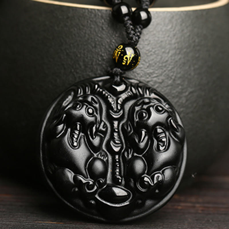 KarmaRipple's Black Obsidian Double Pixiu Bead Rope Purification Pendant Necklace p3