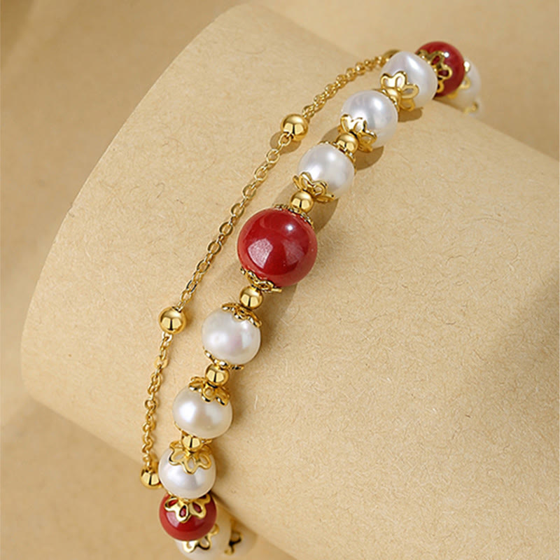 KarmaRipple's 925 Sterling Silver Pearl Cinnabar Wisdom Bead Double Layer Chain Bracelet p8