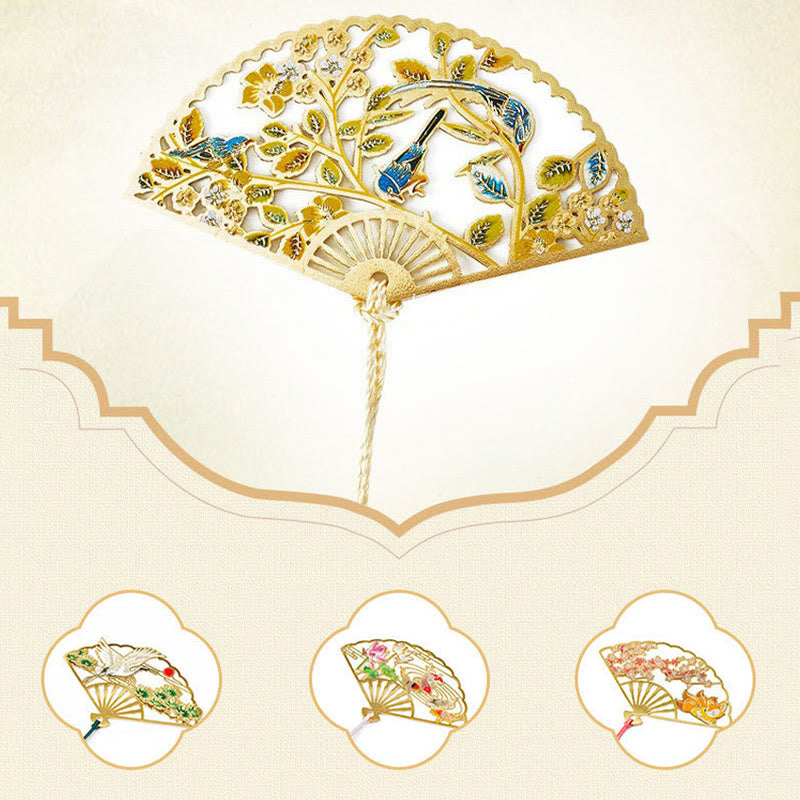 KarmaRipple's Traditional Butterfly Lotus Flower Crane Dragon Phoenix Fox Koi Fish New Beginning Metal Brass Hollow Fan Bookmarks p22