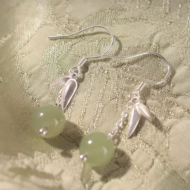 KarmaRipple's 999 Sterling Silver Hetian Jade Bead Bamboo Leaf Fortune Drop Dangle Earrings p11