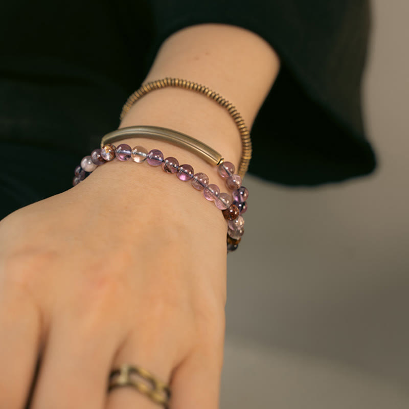 KarmaRipple's Purple Phantom Red Hematoid Quartz Green Rutilated Quartz Bronze Love Forgive Bracelet p9
