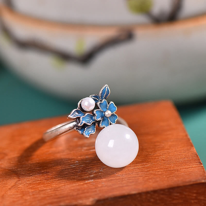 KarmaRipple's Ivory Jade 925 Sterling Silver Pearl Flower Blessing Pendant Necklace Ring Earrings p25