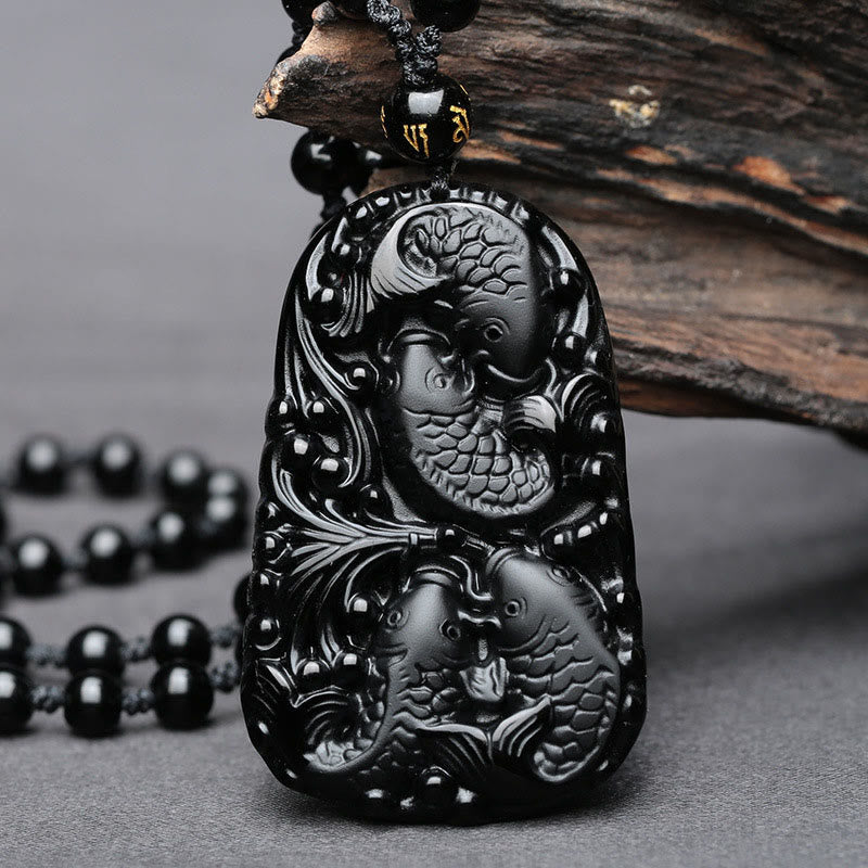KarmaRipple's Black Obsidian Koi Fish Engraved Strength Beaded Pendant Necklace p22