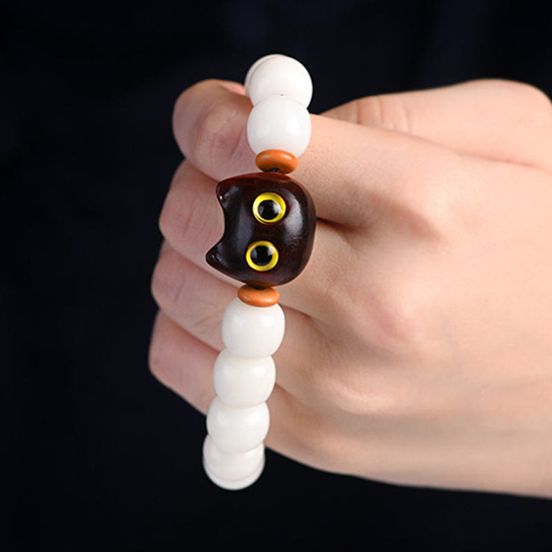 KarmaRipple's Authentic Bodhi Seed Small Leaf Red Sandalwood Ebony Wood Cute Fortunate Cat Wisdom Bracelet p6