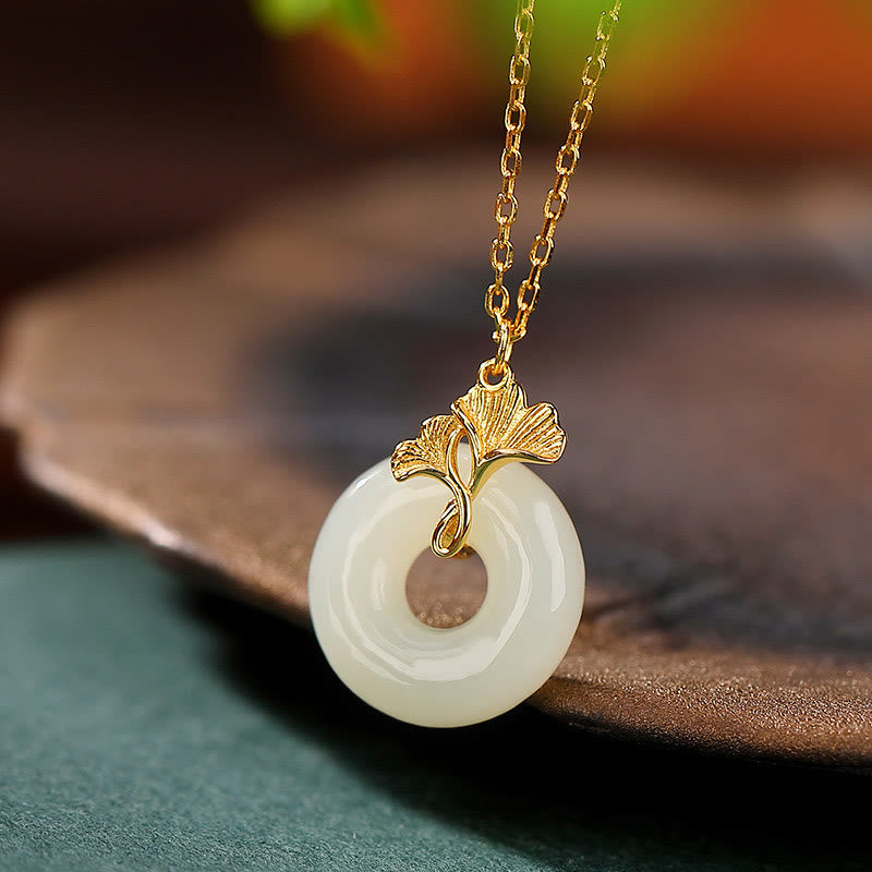 KarmaRipple's 925 Sterling Silver Authentic Hetian Jade Ginkgo Leaf Peace Buckle Fortune Pendant Necklace p3