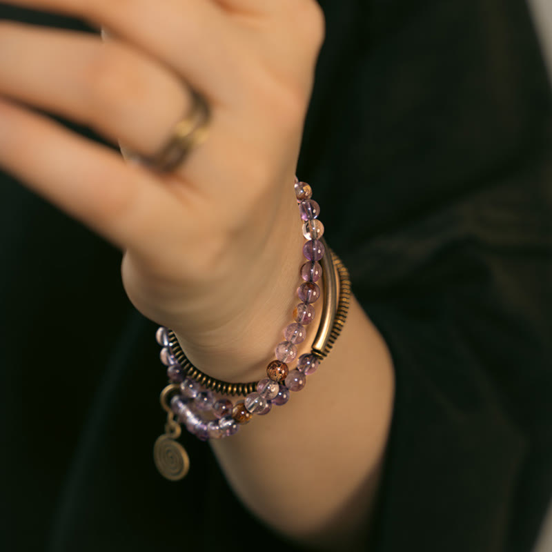 KarmaRipple's Purple Phantom Red Hematoid Quartz Green Rutilated Quartz Bronze Love Forgive Bracelet p7