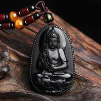 KarmaRipple's Chinese Zodiac Natal Buddha Authentic Black Obsidian Purification Pendant Necklace