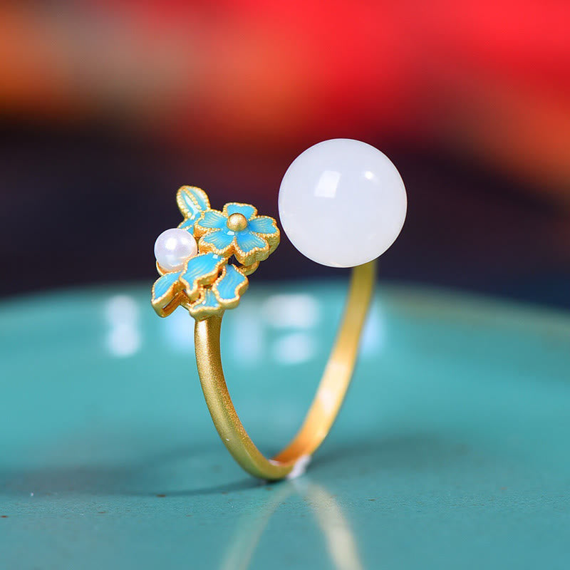 KarmaRipple's Ivory Jade 925 Sterling Silver Pearl Flower Blessing Pendant Necklace Ring Earrings p32