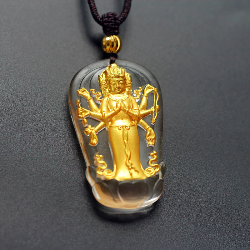 KarmaRipple's Tibetan Eight-armed Avalokitesvara Guanyin Buddha Gold Plated Liuli Gemstone Wealth Pendant Necklace p1