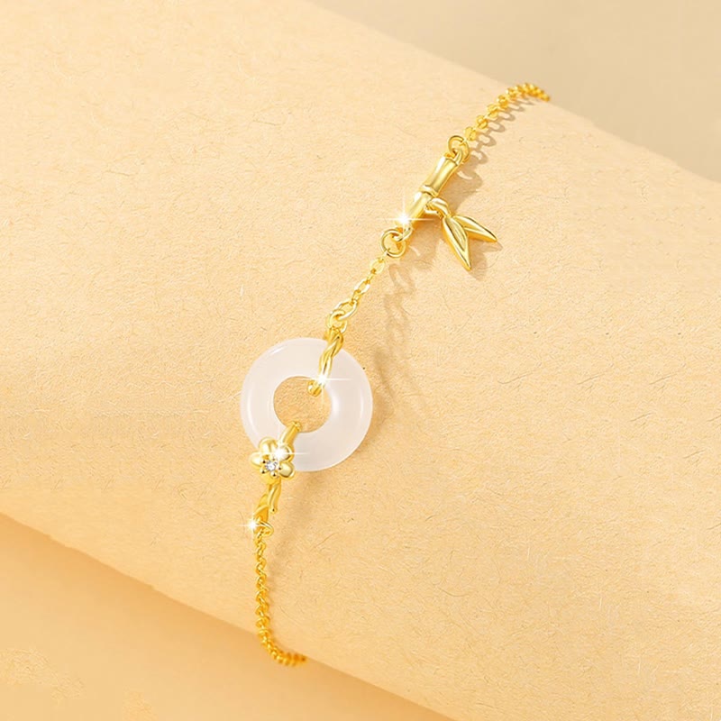 KarmaRipple's 925 Sterling Silver Hetian Jade Chalcedony Peace Buckle Bamboo Leaf Prosperity Chain Bracelet p10