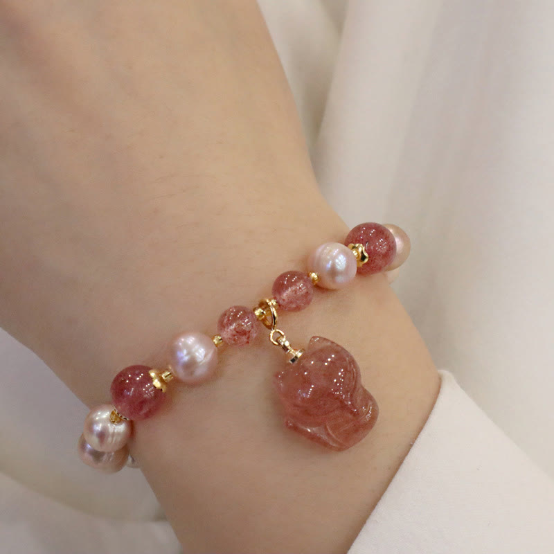 KarmaRipple's Authentic Pearl Strawberry Quartz Cute Fox Love Balancing Talisman Bracelet p6