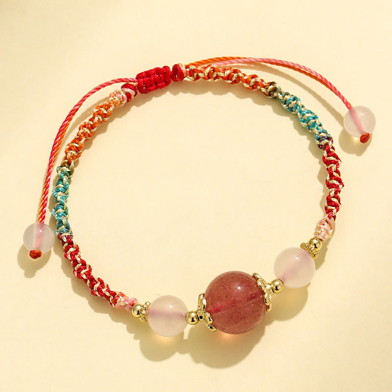 KarmaRipple's Strawberry Quartz Pink Gemstone Prehnite Ivory Agate Bead Balancing Rope Bracelet p5