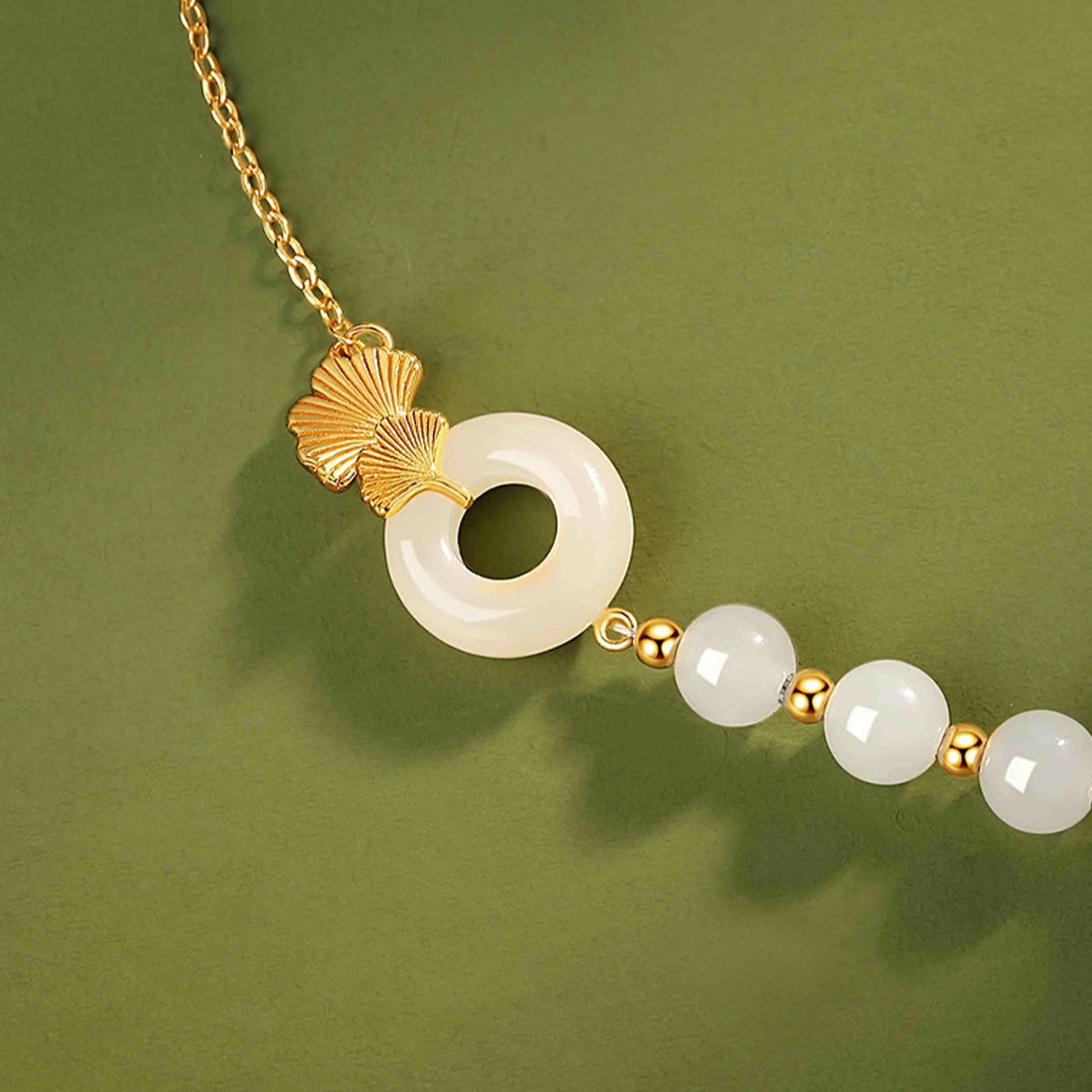 KarmaRipple's 925 Sterling Silver Hetian Ivory Jade Peace Buckle Ginkgo Leaf Fortune Bracelet p5