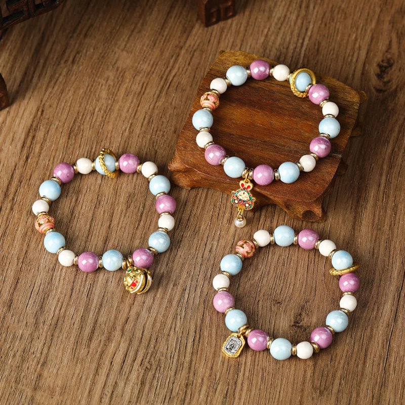 KarmaRipple's Tibetan Zakiram Goddess of Wealth Rabbit Lion Head Talisman Liuli Glass Incense Ash Porcelain Bead Protection Bracelet p9