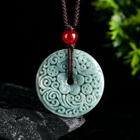 KarmaRipple's Green Jade Flower Carved Peace Buckle Abundance Pendant Necklace