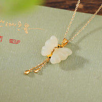 KarmaRipple's 925 Sterling Silver Plated Gold Hetian Ivory Jade Butterfly Blessing Pendant Necklace