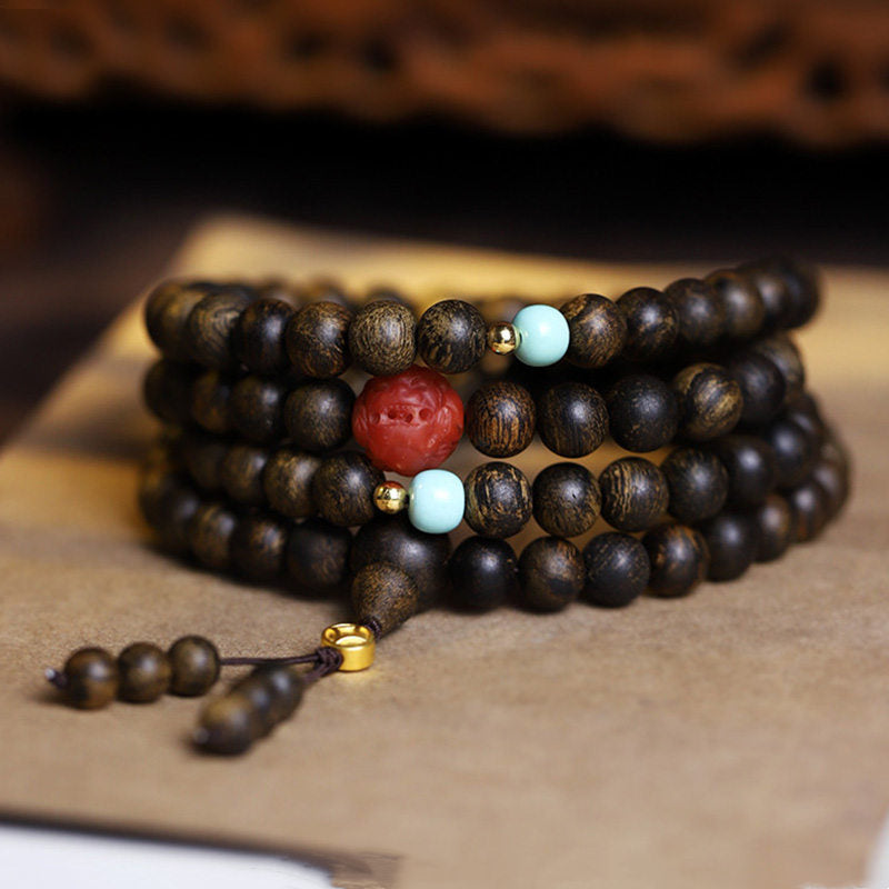 KarmaRipple's 108 Mala Beadwork Agarwood Red Agate Turquoise Peace Meditation Bracelet p9