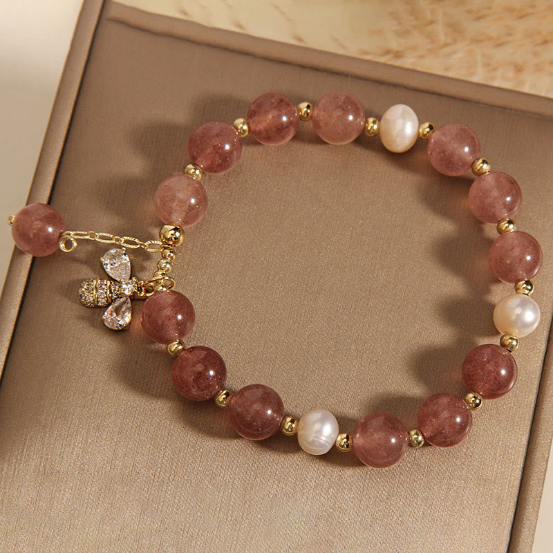 KarmaRipple's Strawberry Quartz Pearl Cute Zircon Honeybee Positive Talisman Bracelet p8