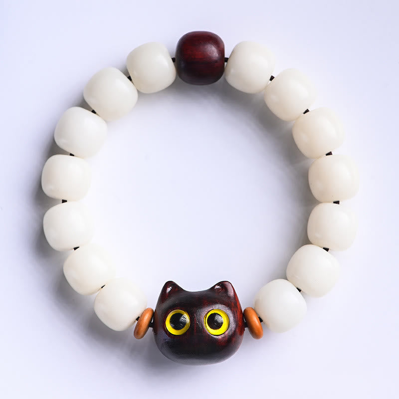 KarmaRipple's Authentic Bodhi Seed Small Leaf Red Sandalwood Ebony Wood Cute Fortunate Cat Wisdom Bracelet p21