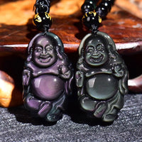 KarmaRipple's Authentic Rainbow Obsidian Laughing Buddha Inner Peace Pendant Necklace