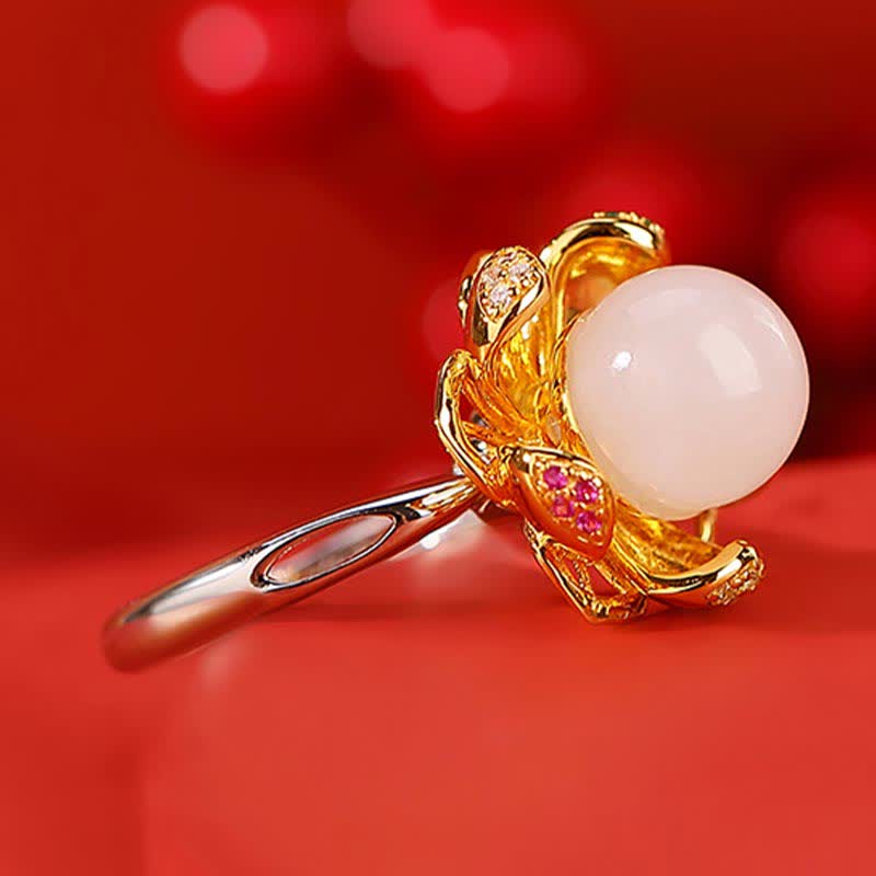 KarmaRipple's 925 Sterling Silver Ivory Jade Cyan Jade Lotus Flower Success Ring p4