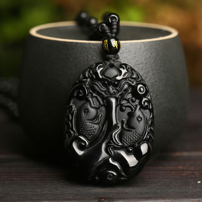 KarmaRipple's Black Obsidian Koi Fish Bead Rope Fulfilment Strength Pendant Necklace p5