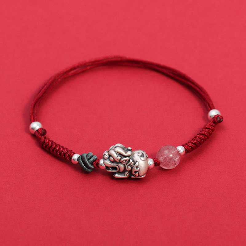 KarmaRipple's 999 Sterling Silver PiXiu Strawberry Quartz Bead Wealth Fortune Woven Bracelet p1