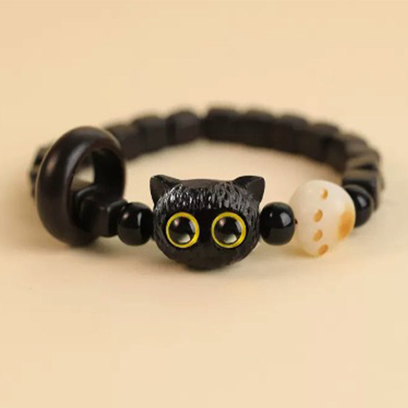 KarmaRipple's Cute Ebony Wood Cat Head Pattern Peace Bracelet p2