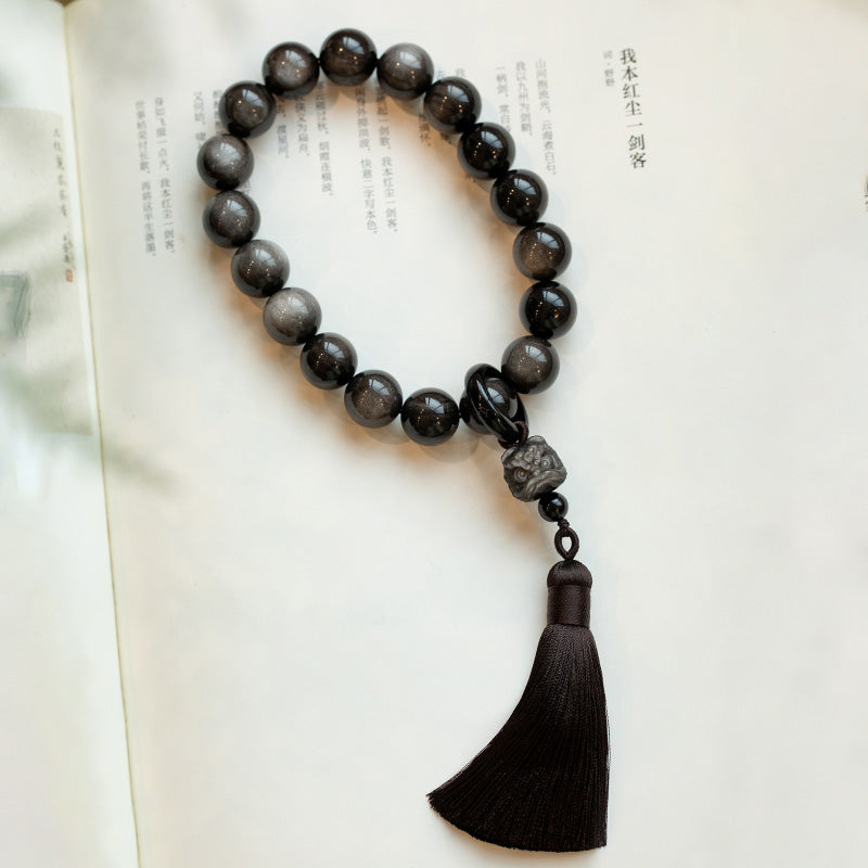 KarmaRipple's Authentic Silver Sheen Obsidian Black Obsidian Lion Wrist Mala Protection Tassels Pocket Mala Car Decoration p19