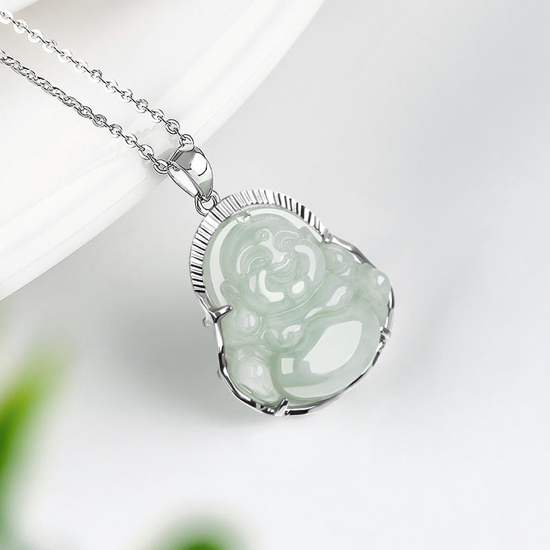 KarmaRipple's 925 Sterling Silver Laughing Buddha Jade Fortune Calm Pendant Chain Necklace p4