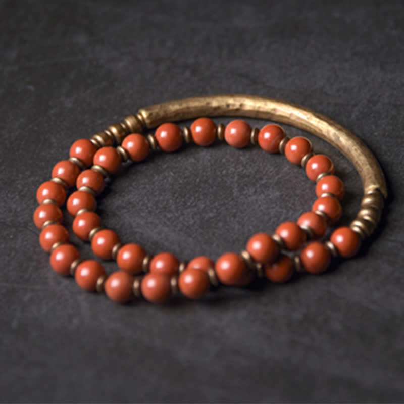 KarmaRipple's Red Jasper Moss Agate Black Obsidian Gemstone Bronze Peace Pair Bracelet p7