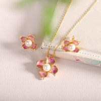 KarmaRipple's 925 Sterling Silver Pearl Red Flower Petals Design Wisdom Pendant Necklace Earrings Set
