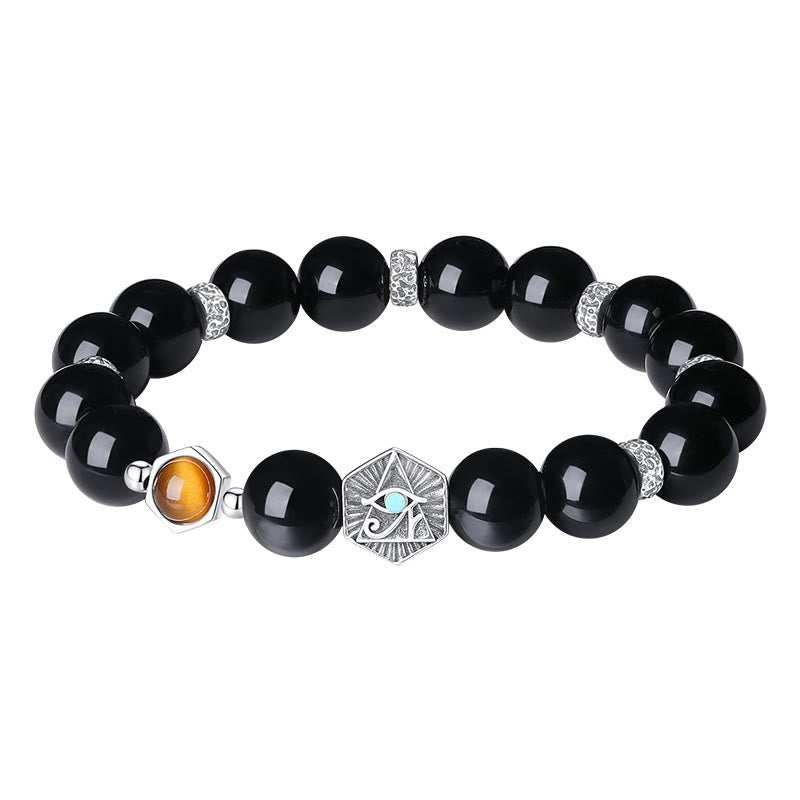 KarmaRipple's 925 Sterling Silver Black Obsidian Tiger Eye Eye of Providence Purification Bracelet p12