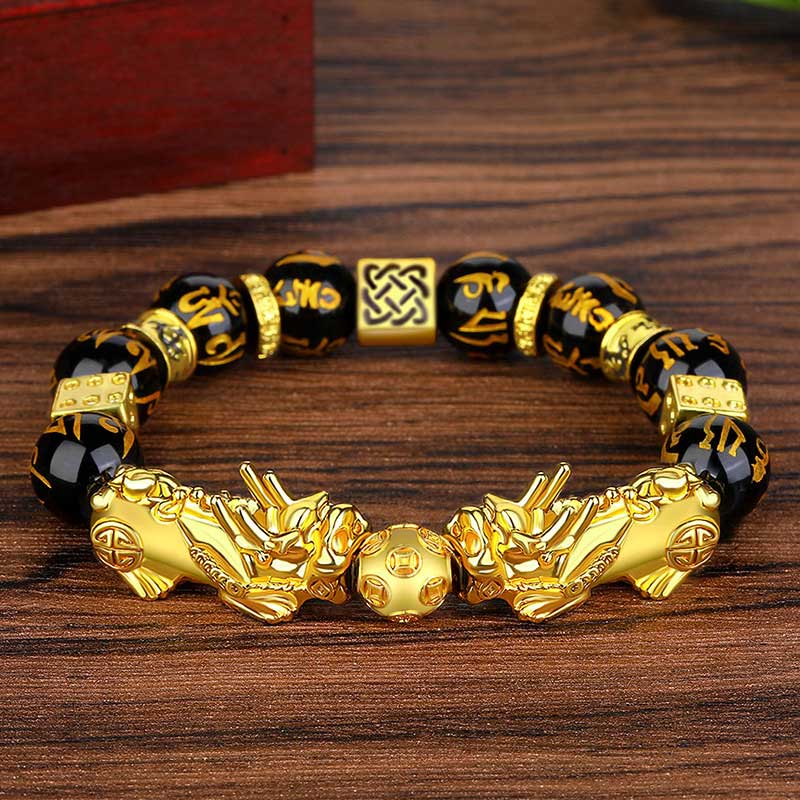 KarmaRipple's FengShui Double PiXiu Obsidian Om Mani Padme Hum Wealth Bracelet p6