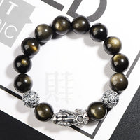 KarmaRipple's 925 Sterling Silver Authentic Gold Sheen Obsidian PiXiu Wealth Protection Bracelet