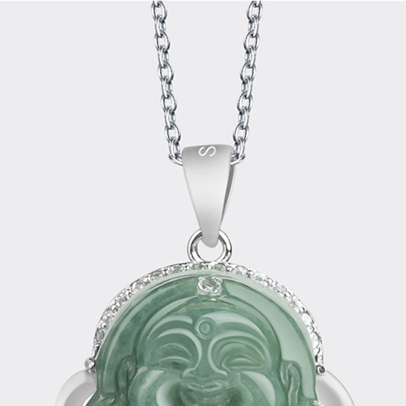 KarmaRipple's 925 Sterling Silver Laughing Buddha Jade Abundance Pendant Chain Necklace p7
