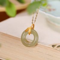 KarmaRipple's 925 Sterling Silver Cyan Jade Peace Buckle Bamboo Leaf Balance Pendant Necklace