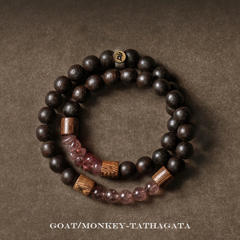 KarmaRipple's 925 Sterling Silver Chinese Zodiac Natal Buddha Agarwood Strawberry Quartz Peace Double Wrap Bracelet p6