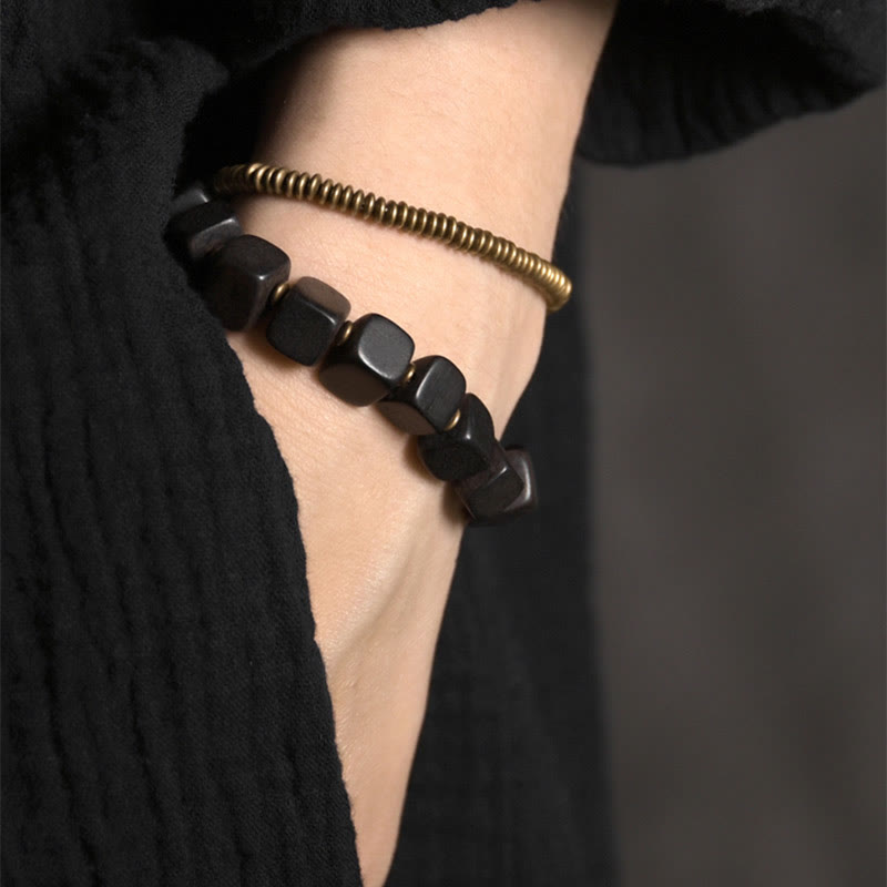 KarmaRipple's Tibetan Ebony Wood Bronze Peace Double Wrap Bracelet p3