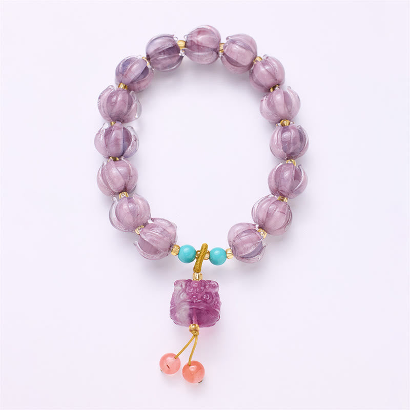 KarmaRipple's Liuli Glass Bead Lotus Design Fluorite Ivory Fruit Dancing Lion Talisman Enlightenment Bracelet p7