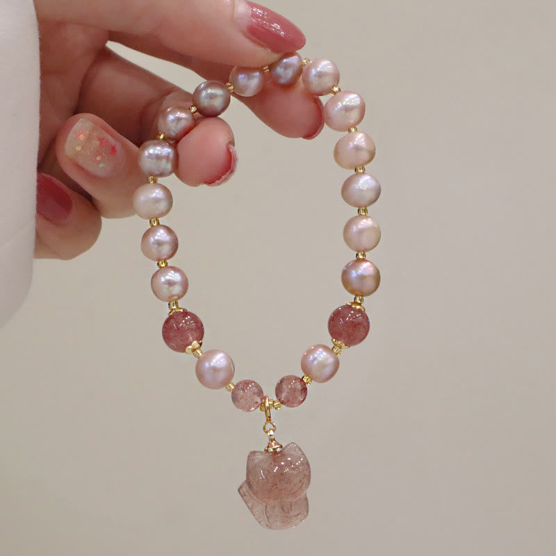 KarmaRipple's Authentic Pearl Strawberry Quartz Cute Fox Love Balancing Talisman Bracelet p12