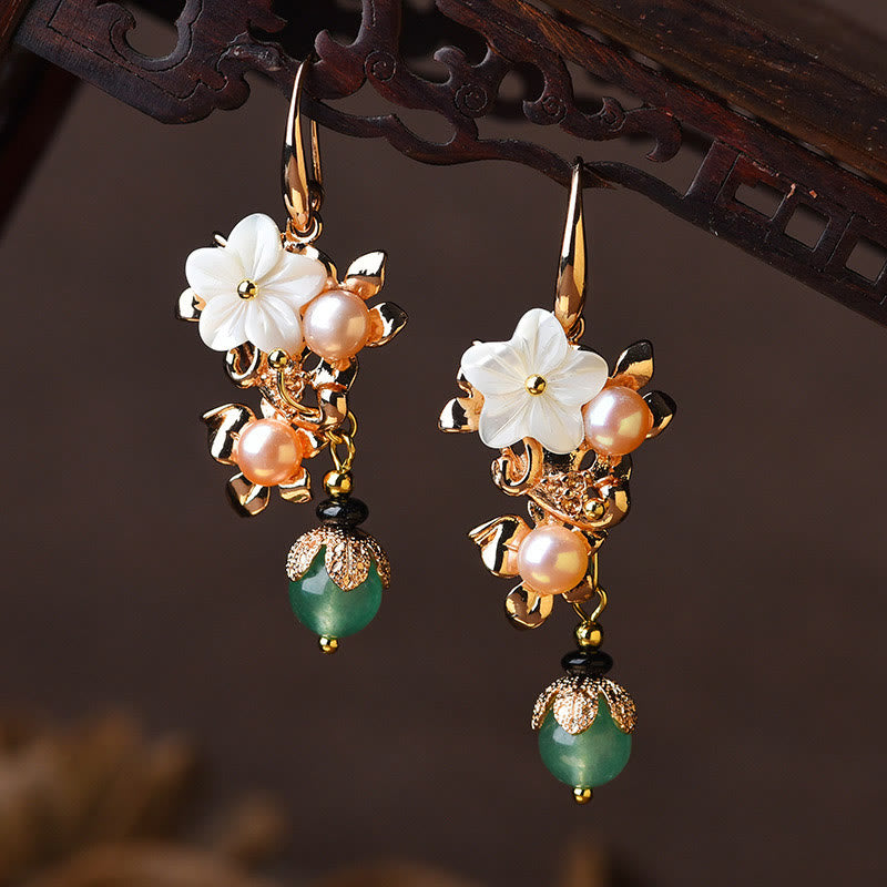KarmaRipple's 14K Gold Plated Tridacna Stone Flower Pearl Green Aventurine Bead Drop Earrings p2