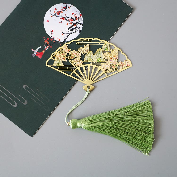 KarmaRipple's Traditional Butterfly Lotus Flower Crane Dragon Phoenix Fox Koi Fish New Beginning Metal Brass Hollow Fan Bookmarks p1
