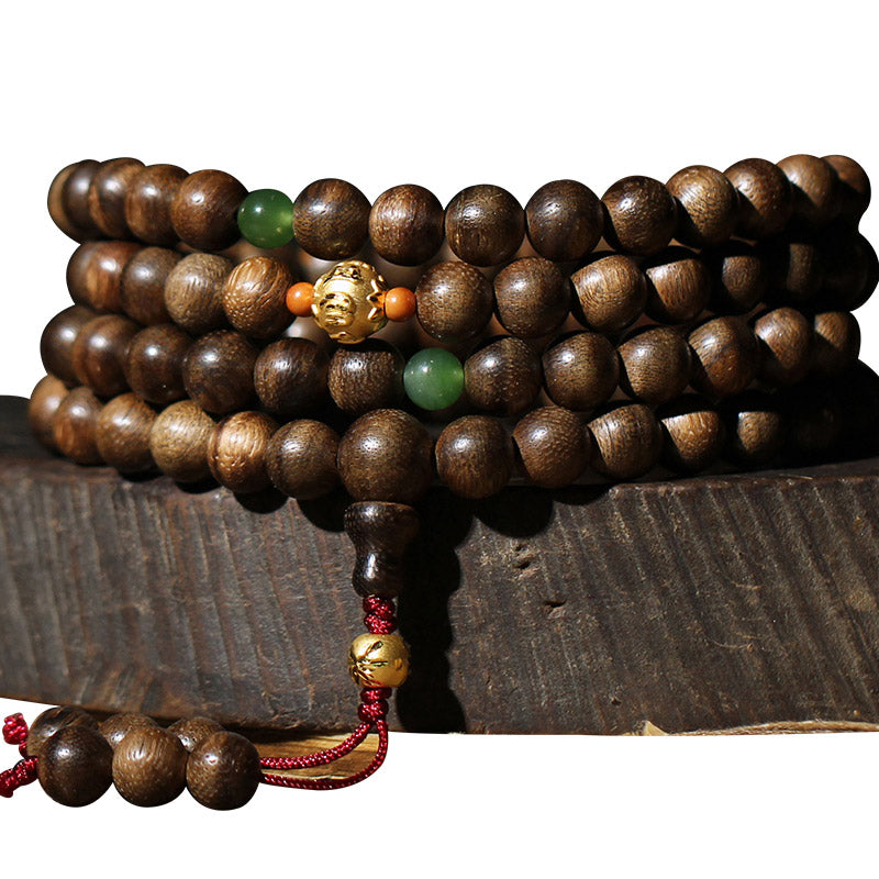 KarmaRipple's 999 Gold 108 Mala Beadwork Kalimantan Agarwood Cyan Jade Six True Words Strength Bracelet p17