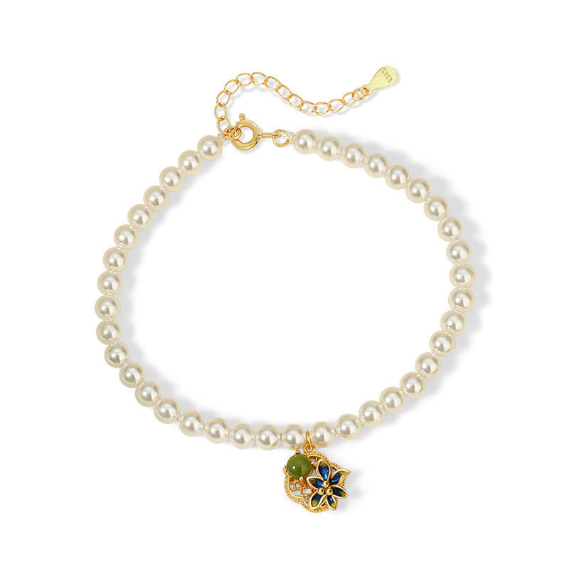 KarmaRipple's 925 Sterling Silver Four Leaf Clover Flower Hetian Cyan Jade Pearl Balancing Pendant Necklace Bracelet Earrings Set p17