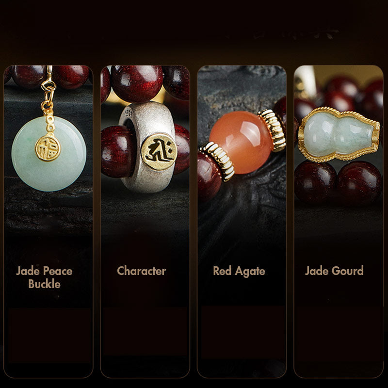 KarmaRipple's Chinese Zodiac Natal Buddha Small Leaf Red Sandalwood Jade Red Agate PiXiu Sooth Bracelet p27