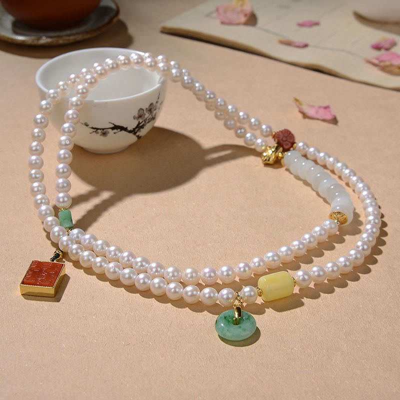 KarmaRipple's 925 Sterling Silver Pearl Hetian Jade Red Agate Double Happiness Amber Fortune Quadruple Wrap Bracelet p4