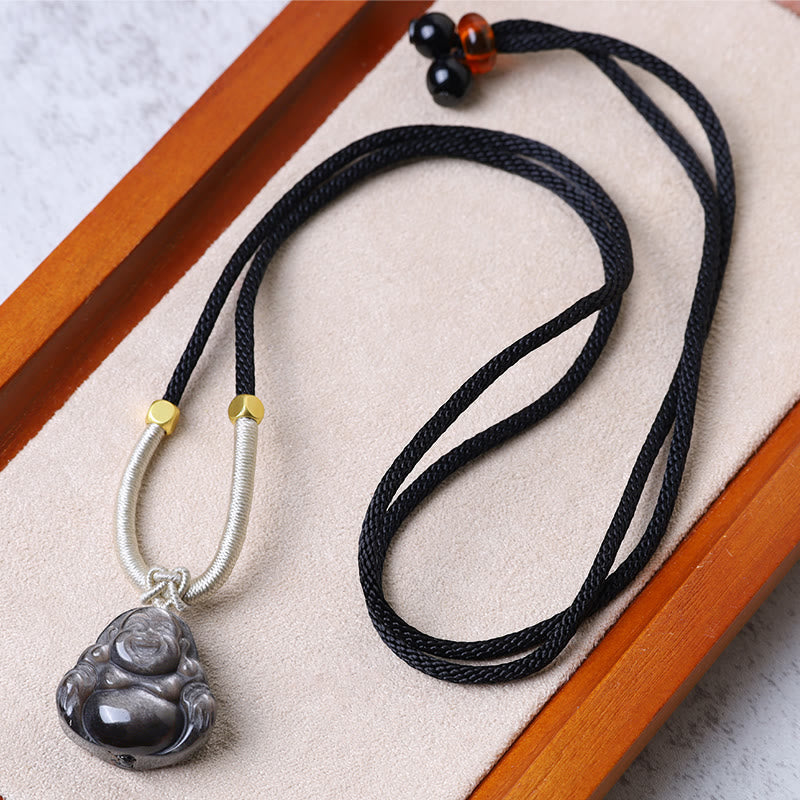 KarmaRipple's Authentic Silver Sheen Obsidian Laughing Buddha Protection Pendant Necklace p14