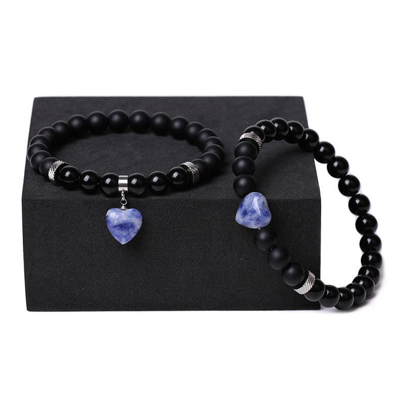 KarmaRipple's 2Pcs Black Onyx Gemstone Stone Love Heart Protection Support Pair Bracelet p19